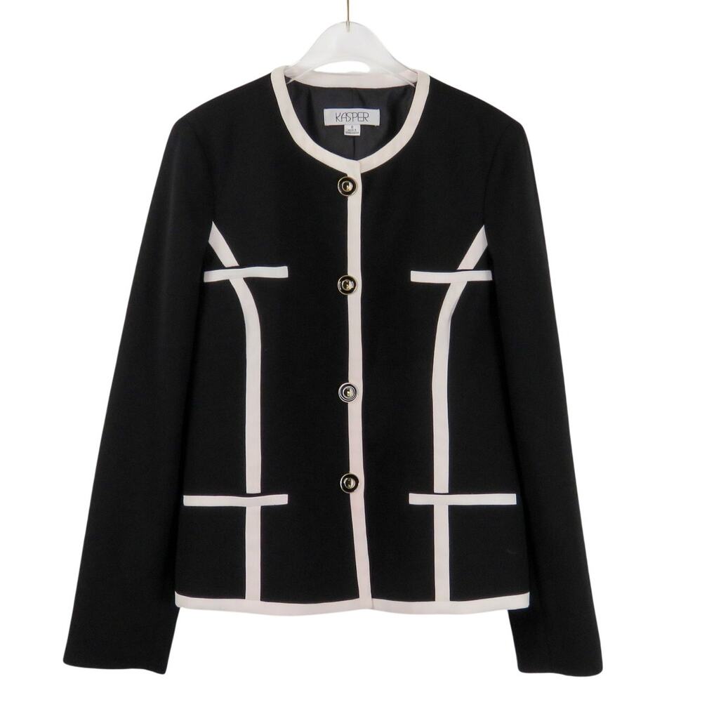 Kasper Black & White Contrast Trim Blazer Jacket Size 8 Collarless Suit Jacket